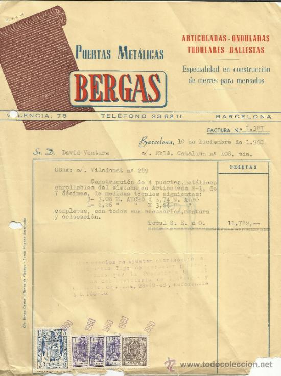 Old Invoices: FACTURA DE BERGAS. PUERTAS MET&Aacute;LICAS. BARCELONA. 1960