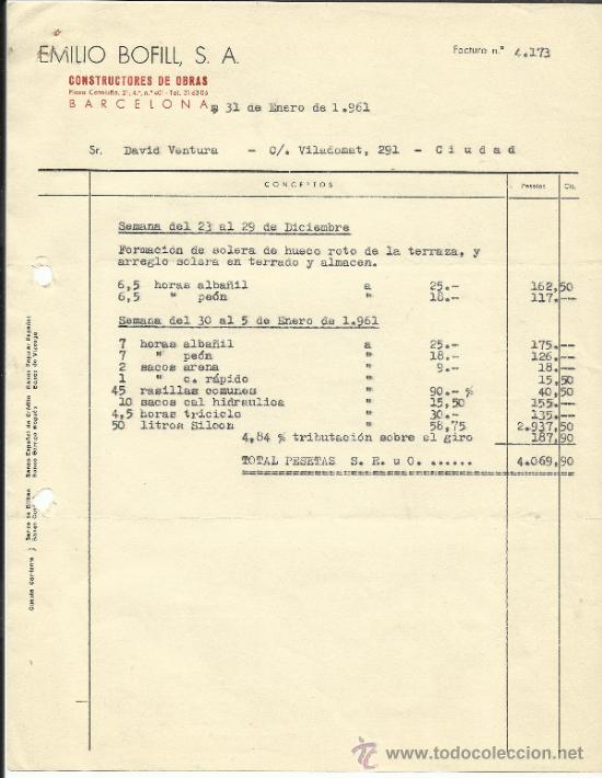 Alte Rechnungen: FACTURA CON CARTA DE EMILIO BOFILL, S.A. COSTRUCTORES DE OBRAS. BARCELONA. 1961