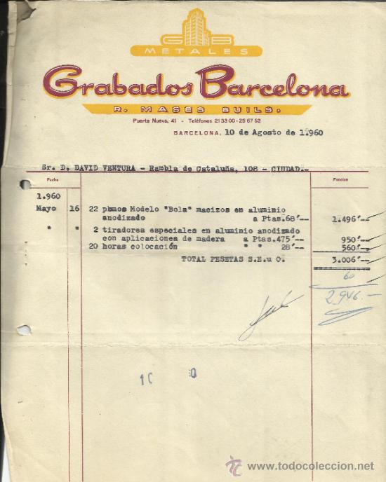 Alte Rechnungen: FACTURA DE GRABADOS BARCELONA. BARCELONA. 1960
