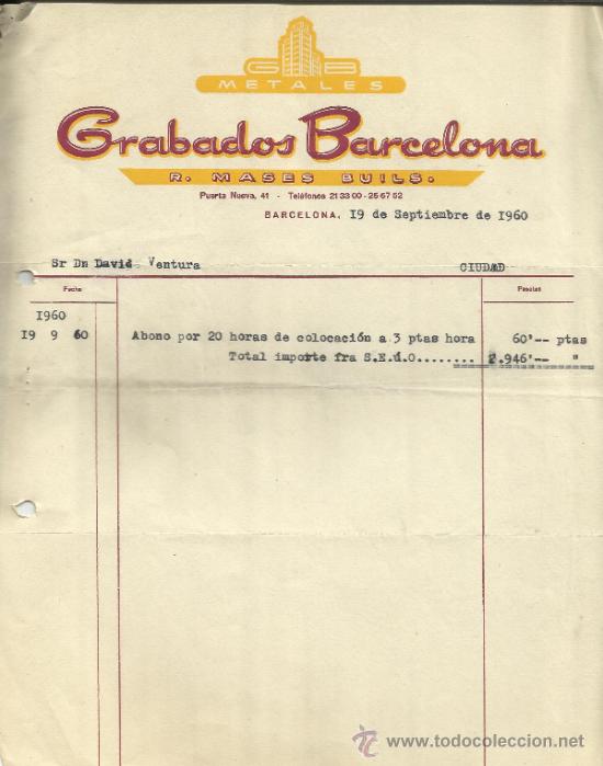 Alte Rechnungen: FACTURA DE GRABADOS BARCELONA. BARCELONA. 1960