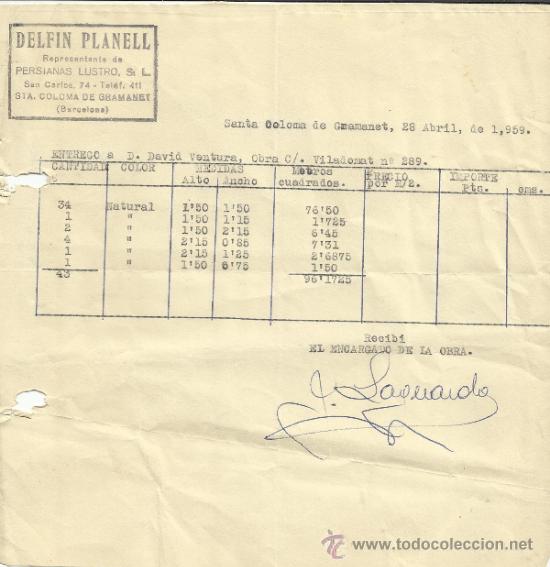 Alte Rechnungen: FACTURA DE DELF&Iacute;N PLANELL. STA. COLOMA DE GRAMANET. BARCELONA. 1959