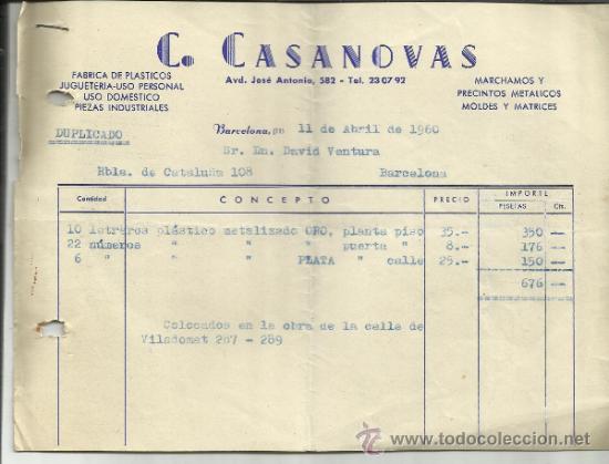 Alte Rechnungen: FACTURA DE C. CASANOVAS. F&Aacute;BRICA DE PL&Aacute;STICOS. BARCELONA. 1960
