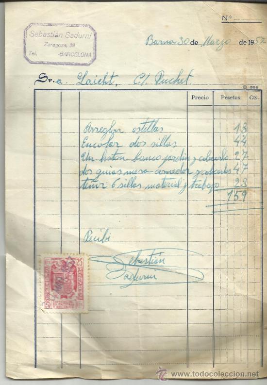 Alte Rechnungen: FACTURA DE SEBASTI&Aacute;N SARDUNI. BARCELONA. 1957