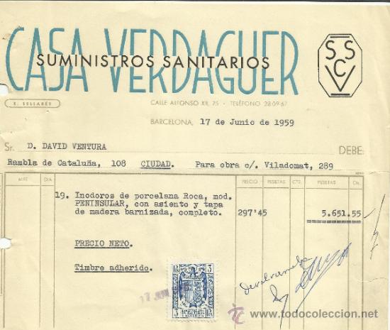 Alte Rechnungen: FACTURA DE CASA VERDAGUER. SUMINISTROS SANITARIOS. BARCELONA. 1959