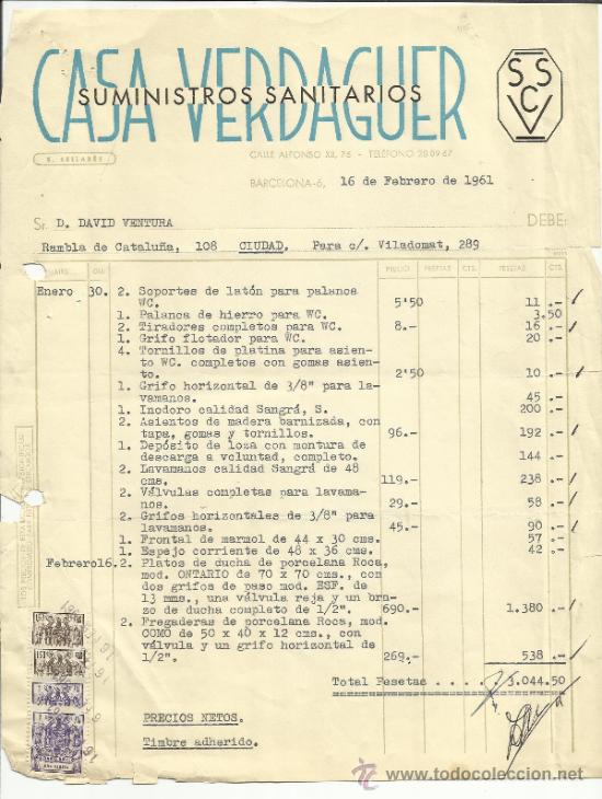 Alte Rechnungen: FACTURA DE CASA VERDAGUER. SUMINISTROS SANITARIOS. BARCELONA. 1961