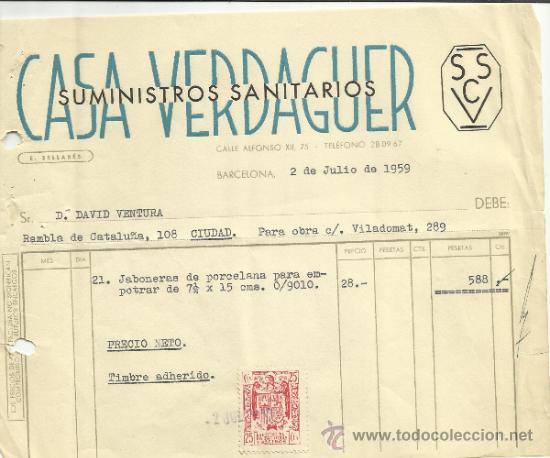 Alte Rechnungen: FACTURA DE CASA VERDAGUER. SUMINISTROS SANITARIOS. BARCELONA. 1959
