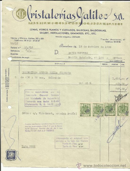 Alte Rechnungen: FACTURA DE CRISTALERIAS GALILEO S.A. BARCELONA. 1960