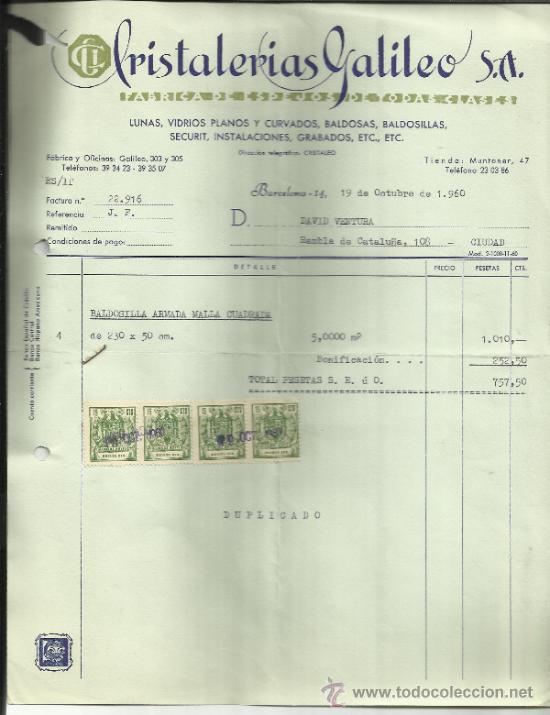 Old Invoices: FACTURA DE CRISTALERIAS GALILEO S.A. BARCELONA. 1960