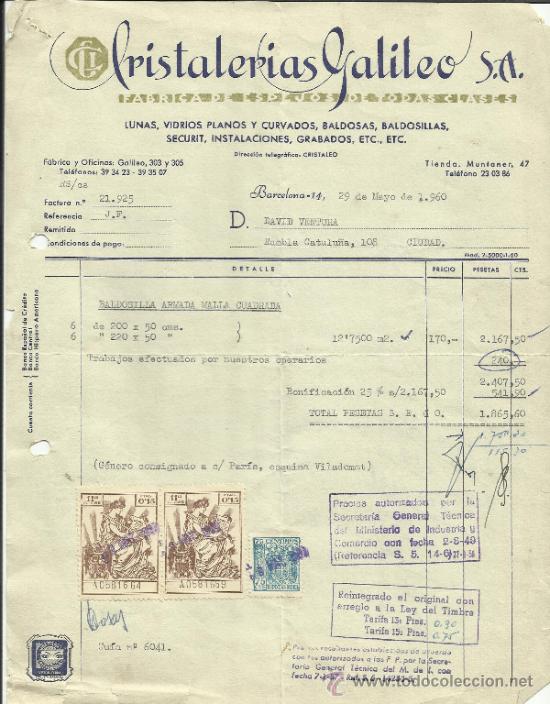 Old Invoices: FACTURA DE CRISTALERIAS GALILEO S.A. BARCELONA. 1960