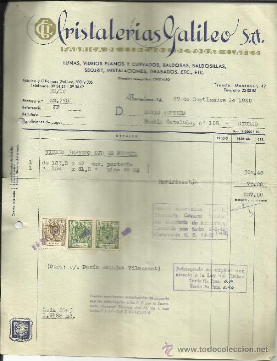 Old Invoices: FACTURA DE CRISTALERIAS GALILEO S.A. BARCELONA. 1960