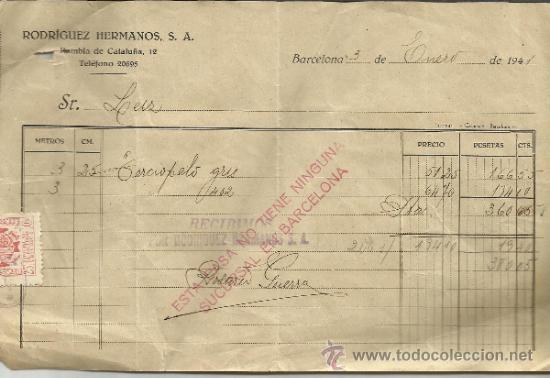 Old Invoices: FACTURA DE RODR&Iacute;GUEZ HERMANOS S.A. BARCELONA. 1941