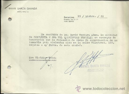 Old Invoices: FACTURA DE RAFAEL GARC&Iacute;A GAVALD&Aacute;. ARQUITECTO. BARCELONA. 1959