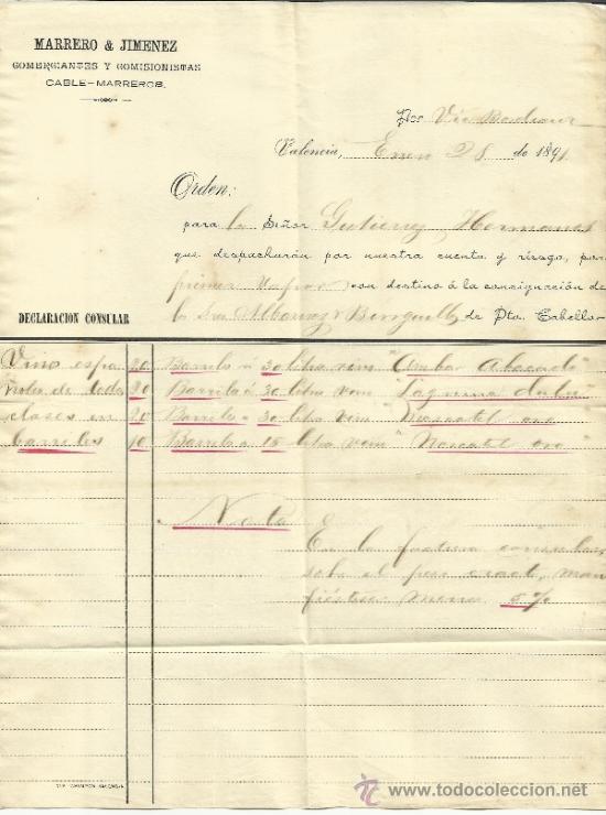 Alte Rechnungen: FACTURA DE MARRERO & JIM&Eacute;NEZ. COMERCIANTES Y COMISIONISTAS. VALENCIA. VENEZUELA. 1891