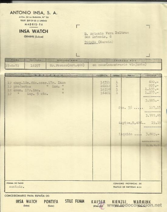 Alte Rechnungen: FACTURA DE ANTONIO INSA, S.A. INSA.. WATCH. MADRID. 1972