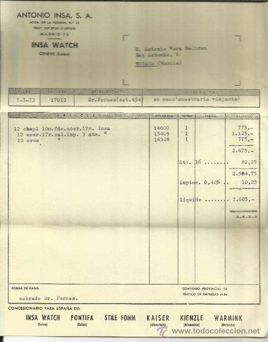Alte Rechnungen: FACTURA DE ANTONIO INSA, S.A. INSA. WATCH. MADRID. 1973