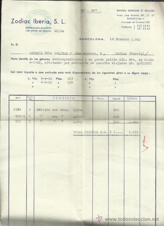 Alte Rechnungen: FACTURA DE ZODIAC IBERIA, S.L. BARCELONA. 1966