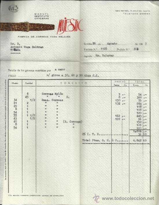 Alte Rechnungen: FACTURA DE MANUEL RESTITUTO C&Aacute;RDENAS. MAJESTIC.  CORREAS PARA RELOJ. SEVILLA. 1967