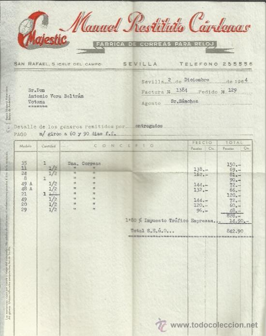 Alte Rechnungen: FACTURA DE MANUEL RESTITUTO C&Aacute;RDENAS. MAJESTIC. CORREAS PARA RELOJES. 1964