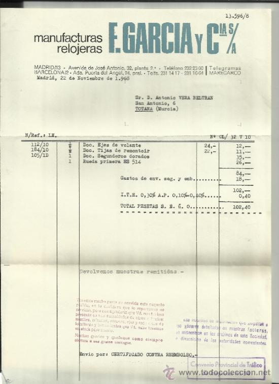 Alte Rechnungen: FACTURA DE F. GARC&Iacute;A Y C&ordf;. MANUFACTURAS RELOJERAS. MADRID. 1968