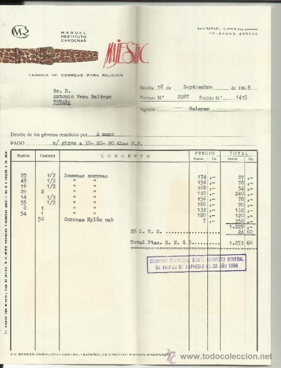 Alte Rechnungen: FACTURA DE MANUEL RESTITUTO C&Aacute;RDENAS. MAJESTIC. CORREAS PARA RELOJES. SEVILLA. 1969