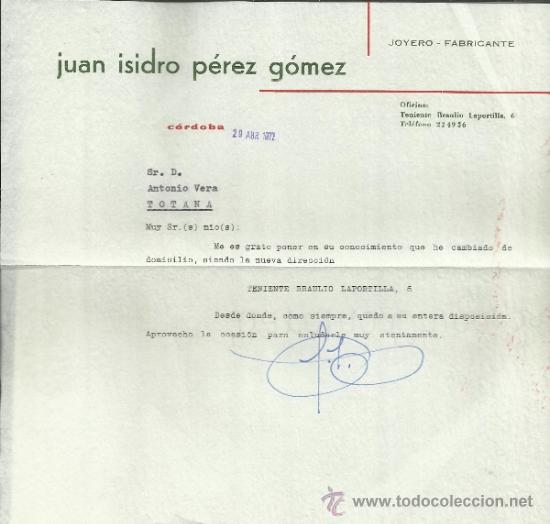 Alte Rechnungen: FACTURA DE JUAN ISIDRO P&Eacute;REZ G&Oacute;MEZ. JOYERO-FABRICANTE. C&Oacute;RDOBA. 1972