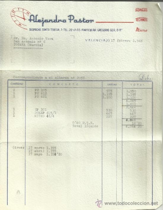 Facturas antiguas: FACTURA DE ALEJANDRO PASTOR. VALENCIA. 1966.DUWARD.MICRO. - Foto 1