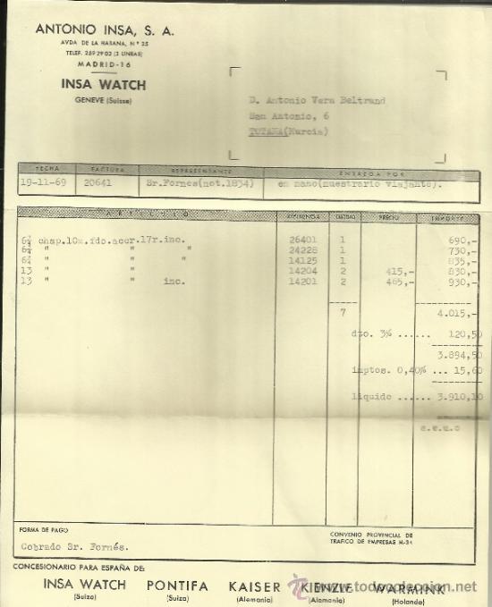 Alte Rechnungen: FACTURA DE ANTONIO INSA S.A. INSA WATCH. MADRID. 1969
