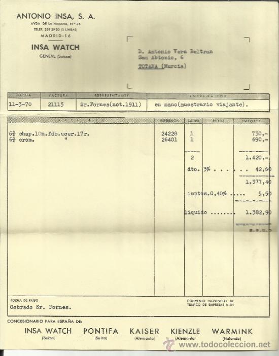 Alte Rechnungen: FACTURA DE ANTONIO INSA S.A. INSA WATCH. MADRID. 1970