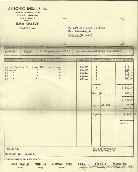 Alte Rechnungen: FACTURA DE ANTONIO INSA S.A. INSA WATCH. MADRID. 1970