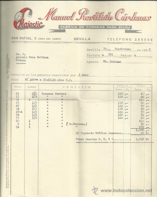 Alte Rechnungen: FACTURA DE MANUEL RESTITUTO C&Aacute;RDENAS. MAJESTIC. CORREAS PARA RELOJES. SEVILLA. 1965
