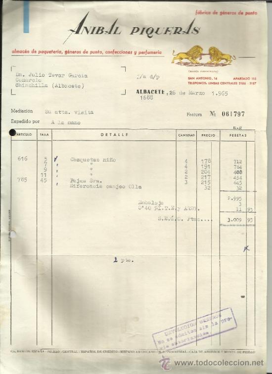 Alte Rechnungen: FACTURA DE ANIBAL PIQUERAS. F&Aacute;BRICA DE G&Eacute;NEROS DE PUNTO. ALBACETE. 1965