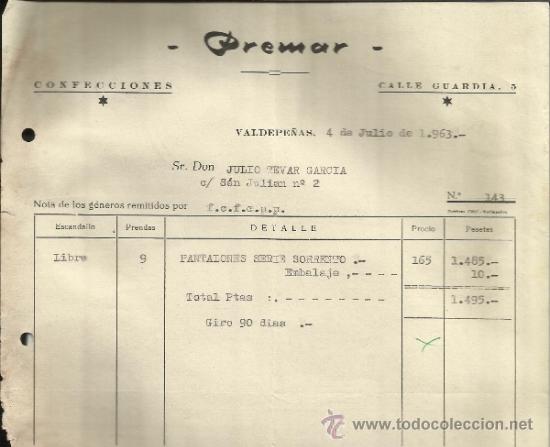Alte Rechnungen: FACTURA DE PREMAR. CONFECCIONES. VALDEPE&Ntilde;AS. CIUDAD REAL. 1963