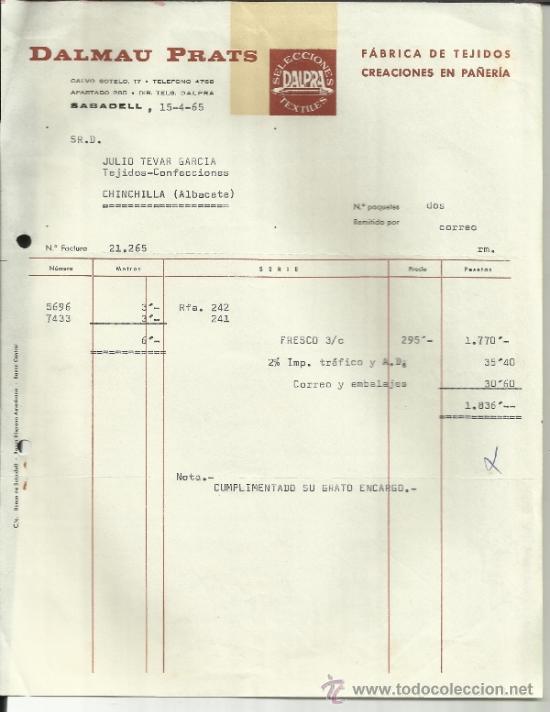 Facturas antiguas: FACTURA DE DALMAU PRATS. F&Aacute;BRICA DE TEJIDOS. SABADELL. BARCELONA. 1965