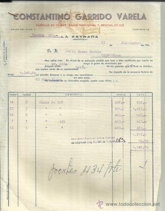 Facturas antiguas: FACTURA DE CONSTANTINO GARRIDO VARELA. F&Aacute;BRICA DE CAMAS. LA ESTRADA. PONTEVEDRA. 1964