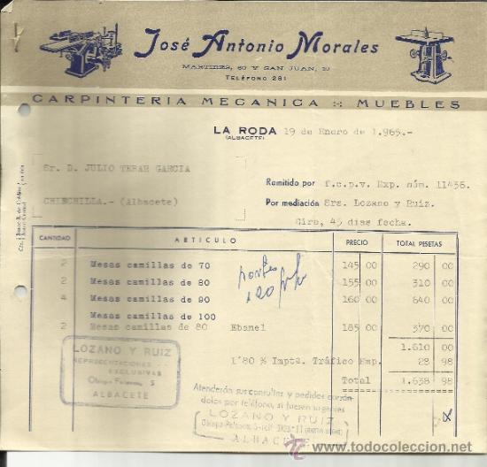 Facturas antiguas: FACTURA DE JOSE ANTONIO MORALES. CARPINTER&Iacute;A MEC&Aacute;NICA. LA RODA. ALBACETE. 1965