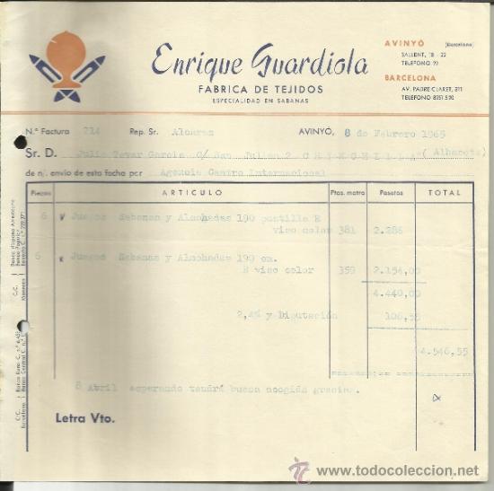 Facturas antiguas: FACTURA DE ENRIQUE GUARDIOLA. F&Aacute;BRICA DE TEJIDOS. AVINY&Oacute;. BARCELONA. 1965