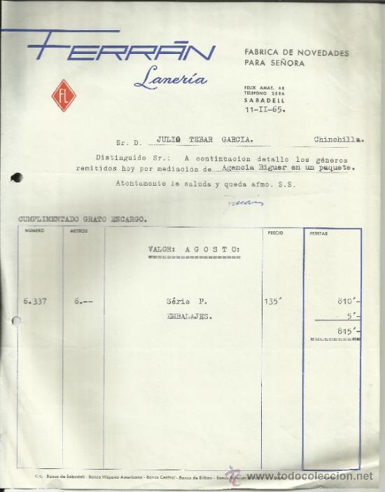 Facturas antiguas: FACTURA DE FERR&Aacute;N. LANER&Iacute;A. F&Aacute;BRICA DE NOVEDADES PARA SE&Ntilde;ORA. SABADELL. BARCELONA. 1965