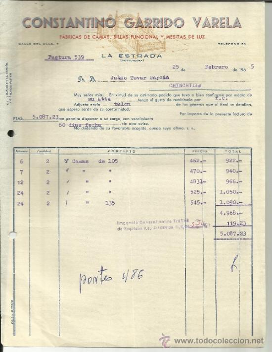 Facturas antiguas: FACTURA DE CONSTANTINO GARRIDO VARELA. F&Aacute;BRICA DE CAMAS. LA ESTRADA. PONTEVEDRA. 1965