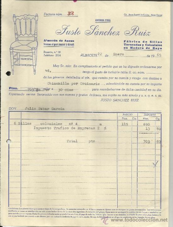 Facturas antiguas: FACTURA DE JUSTO S&Aacute;NCHEZ RUIZ. F&Aacute;BRICA DE SILLAS. ALBACETE. 1965