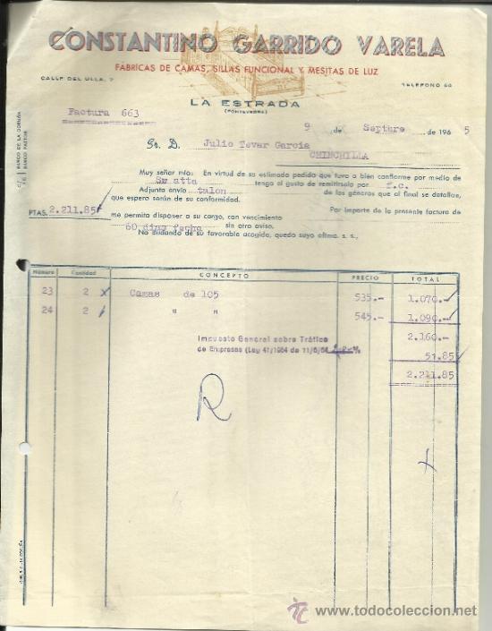 Facturas antiguas: FACTURA DE CONSTANTINO GARRIDO VARELA. F&Aacute;BRICA DE CAMAS. LA ESTRADA. PONTEVEDRA. 1965