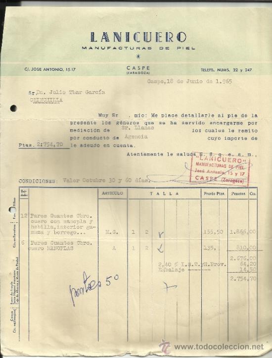Facturas antiguas: FACTURA DE LANICUERO. MANUFACTURAS DE PIEL. CASPE. ZARAGOZA. 1965