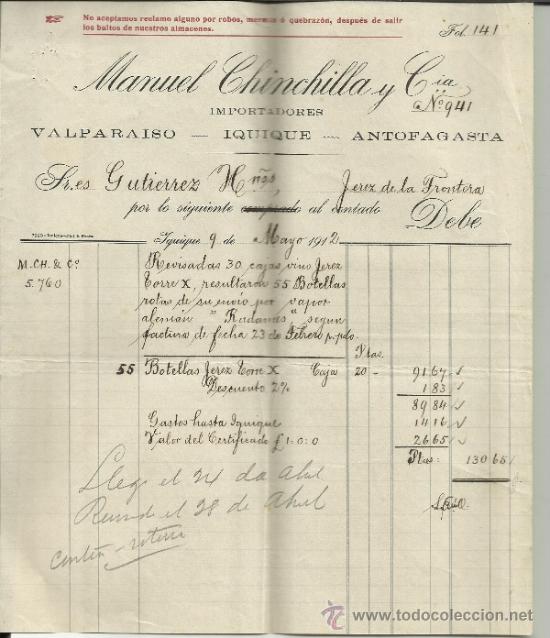 Facturas antiguas: FACTURA DE MANUEL CHINCHILLA Y COMPA&Ntilde;IA. IMPORTADORES. IQUIQUE. CHILE. 1912