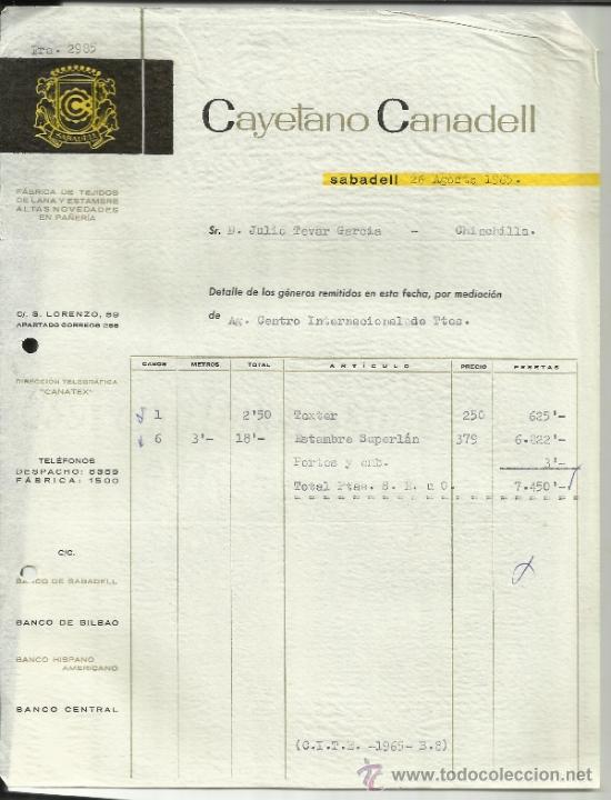 Facturas antiguas: FACTURA DE CAYETANO CANADELL. F&Aacute;BRICA DE TEJIDOS. SABADELL. BARCELONA. 1965