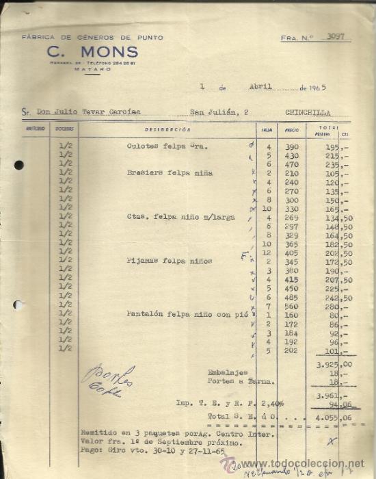 Facturas antiguas: FACTURA DE C. MONS. F&Aacute;BRICA DE G&Eacute;NEROS DE PUNTO. MATAR&Oacute;. BARCELONA. 1965