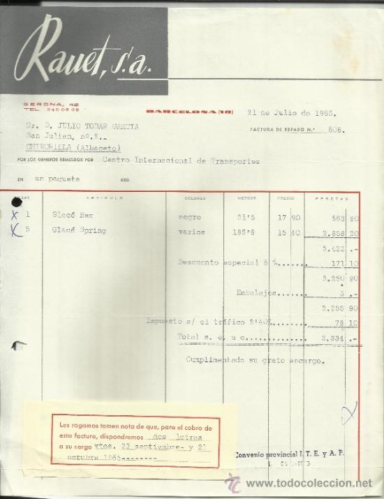 Facturas antiguas: FACTURA DE RAUET, S.A. BARCELONA. 1965