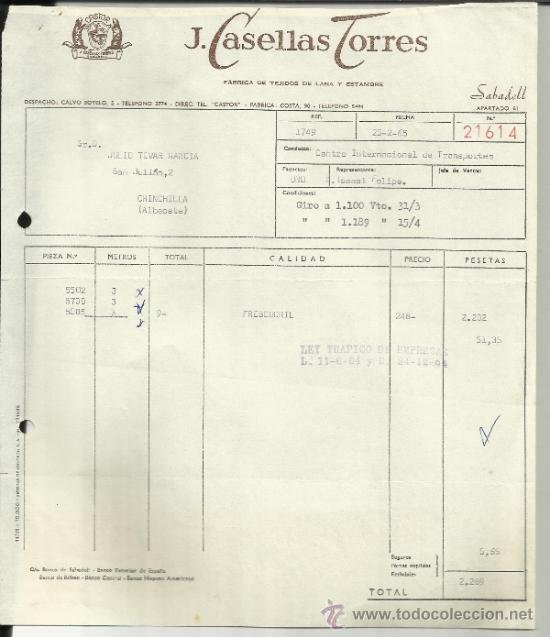 Facturas antiguas: FACTURA DE J. CASELLAS TORRES. F&Aacute;BRICA DE TEJIDOS DE LANA Y ESTAMBRE. SABADELL. BARCELONA. 1965