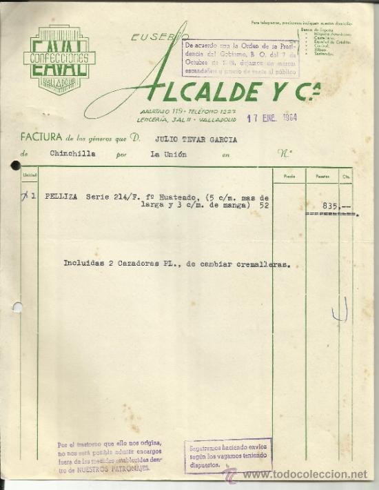 Facturas antiguas: FACTURA DE EUSEBIO. ALCALDE Y COMPA&Ntilde;IA. CONFECCIONES EAVAL. VALLADOLID. 1964