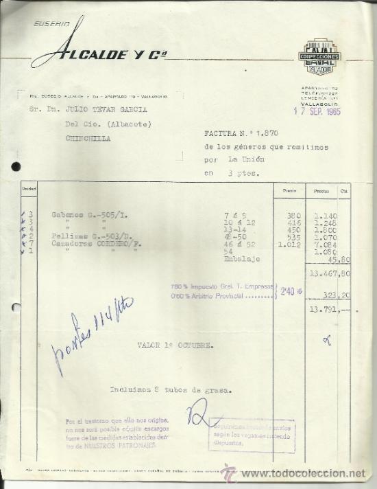 Facturas antiguas: FACTURA DE EUSEBIO ALCALDE Y COMPA&Ntilde;IA. CONFECCIONES EAVAL. VALLADOLID. 1965 - Foto 1