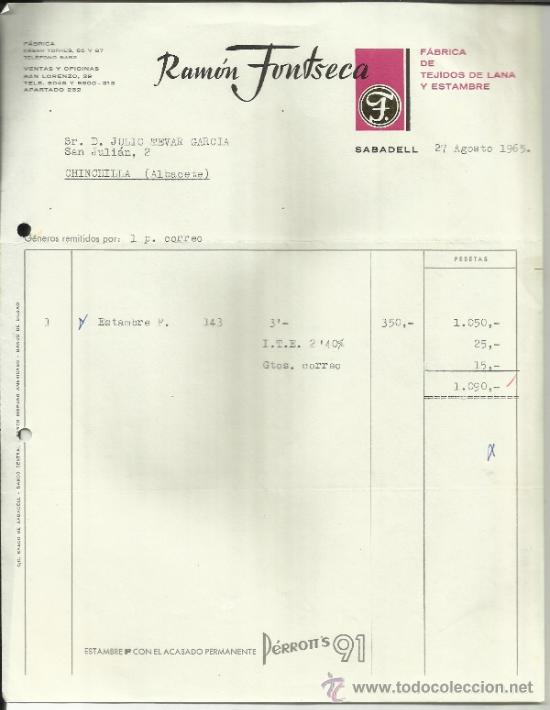 Facturas antiguas: FACTURA DE RAM&Oacute;N FONTSECA. F&Aacute;BRICA DE TEJIDOS DE LANA Y ESTAMBRE. SABADELL. BARCELONA. 1965