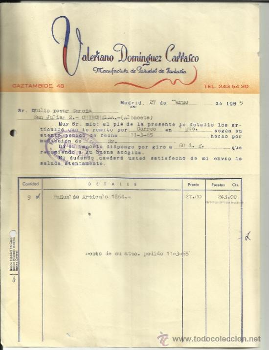 Facturas antiguas: FACTURA DE VALERIANO DOM&Iacute;NGUEZ CARRASCO. MANUFACTURA DE PA&Ntilde;UELOS DE FANTASIA. MADRID. 1965